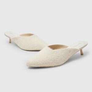 VIVAIA‎ Pointed Mules Kitten Heel Slip On Shoes Cream Fuzzy Size 8 EUR 39
